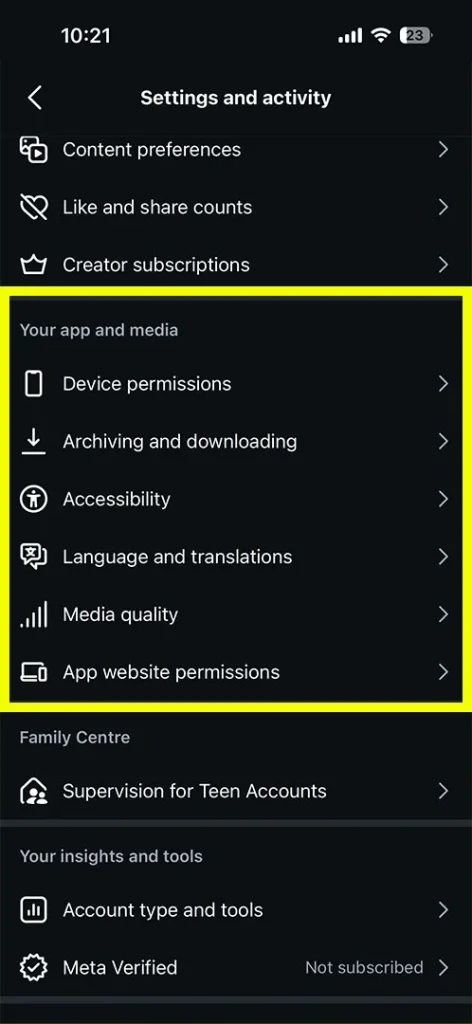 Highlighting the Your App and Media section within Instagram settings to troubleshoot slow Reel processing.