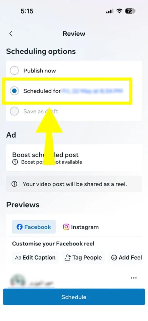 : Mobile screen showing the content preview page with the Next button highlighted in the top right corner.