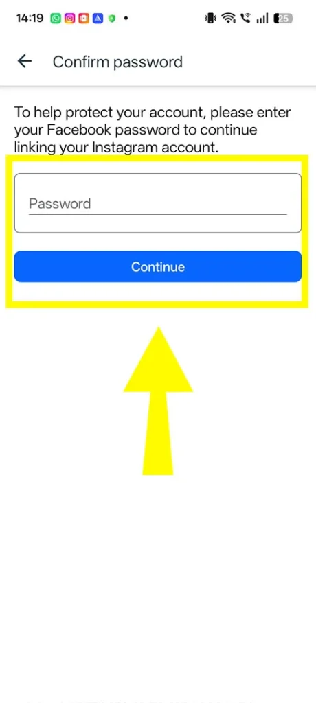 A secure pop-up login window requesting the Instagram profile handle and password to authorize the connection.