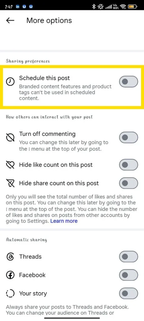 Inside the Instagram Advanced Settings menu showing the unselected toggle switch for scheduling posts.