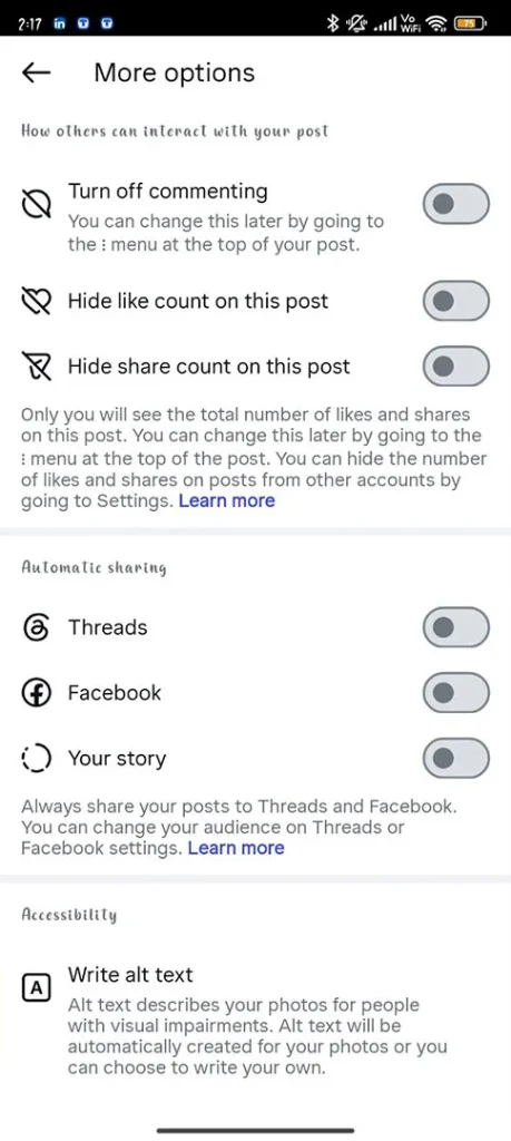 Inside the Instagram Advanced Settings menu showing the missing scheduling toggle, illustrating the troubleshooting error where the schedule option does not appear.