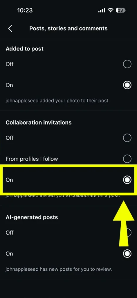 Final view of the Instagram notification interface with all collaboration permissions enabled.