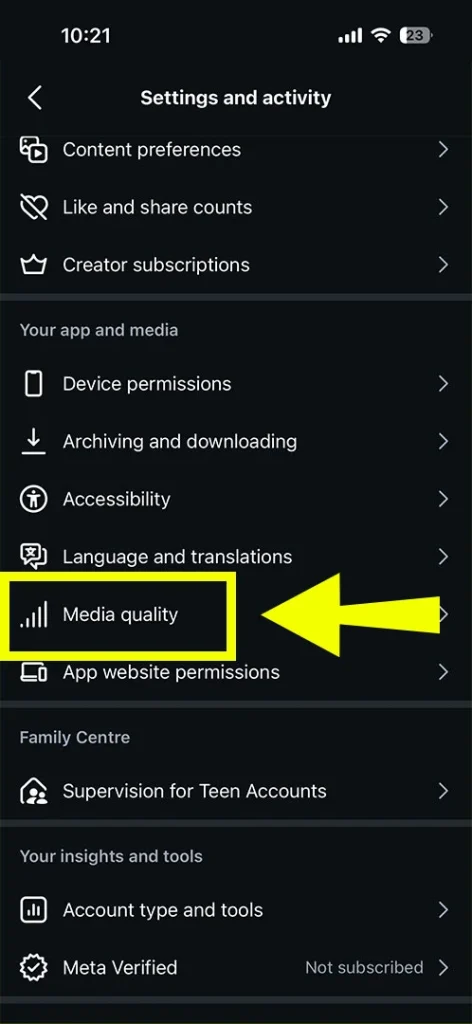 Selecting the Data Usage and Media Quality option to improve Instagram Reel upload speed.