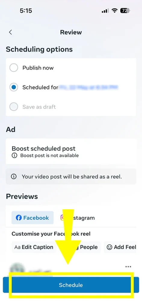 Calendar planner view within the Meta Business Suite app showing a successfully scheduled post timestamped for a future date.