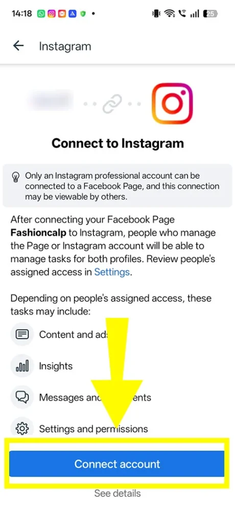 Success confirmation screen in Meta Business Suite showing a green checkmark indicating the Instagram profile is successfully connected to the Facebook page.