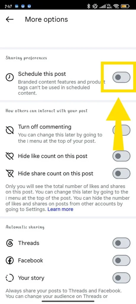 Close-up of the Schedule this Post toggle switch turned on and highlighted in blue within Instagram settings.
