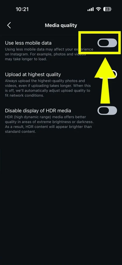 Toggling off the Data Saver mode on Instagram to enable high-quality uploads and fix "Not Posted Yet" errors.