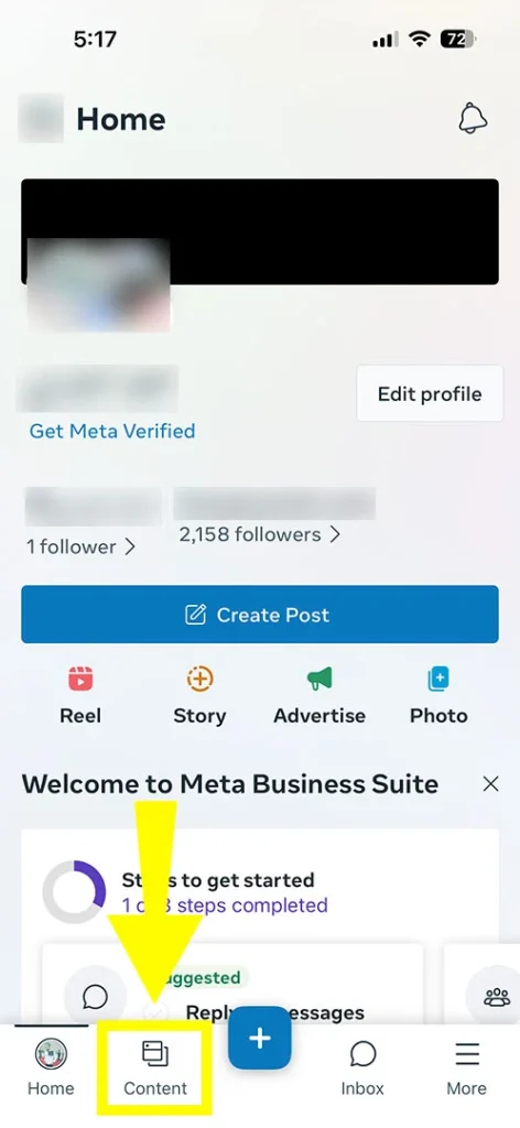 The bottom navigation menu bar of the Meta Business Suite app with the Content section tab highlighted.