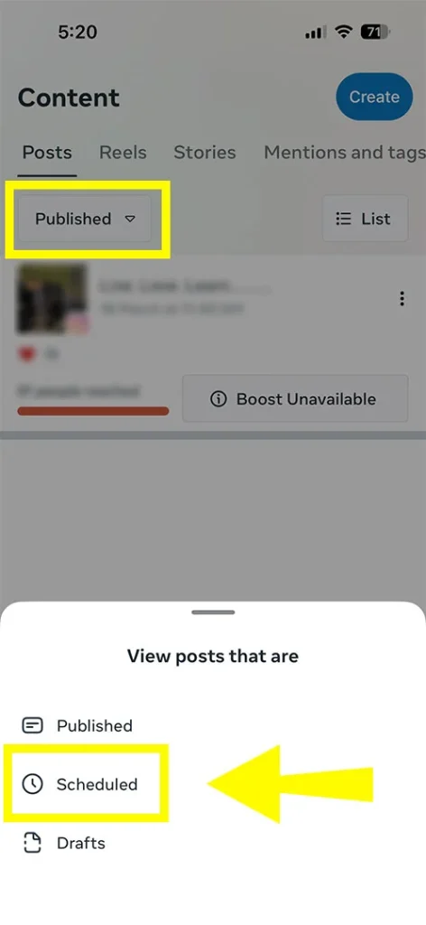 Content dashboard within the app showing the Post tab selected, displaying a list of published and queued social media posts.