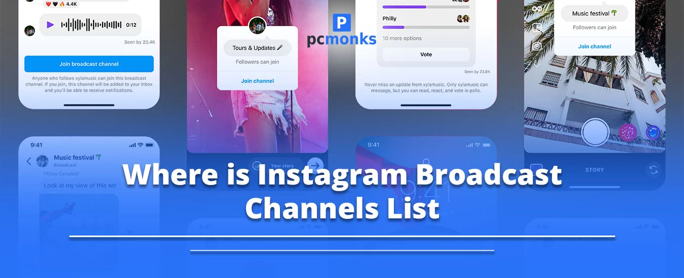 A smartphone screen displaying the Instagram broadcast channels list and creator updates in the DM inbox.