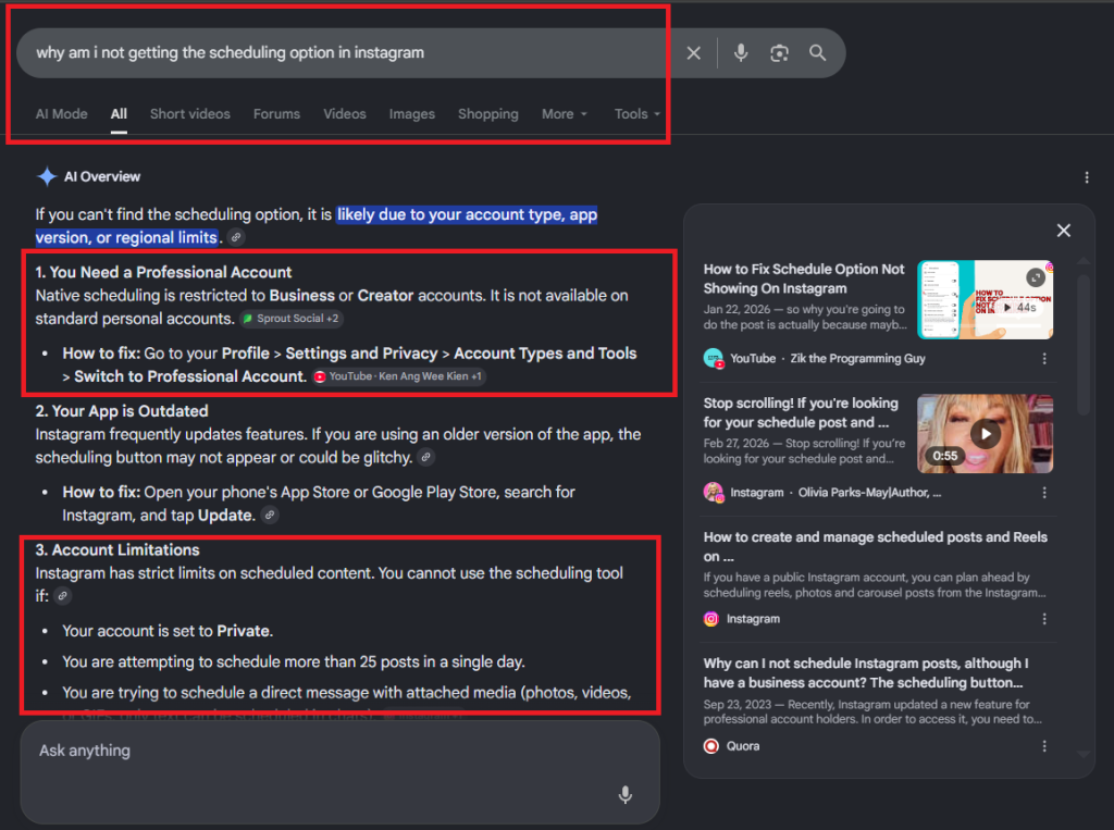 Google AI Overview showing troubleshooting steps for missing Instagram scheduling options, highlighting requirements for professional accounts and app updates.