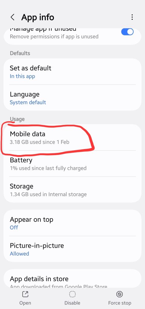 Selecting Mobile data settings in Android for YouTube to fix shorts not uploading