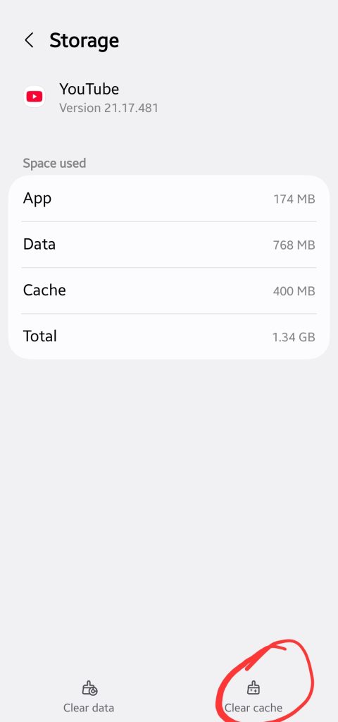 Android YouTube app storage menu showing cache and data breakdown for troubleshooting upload errors