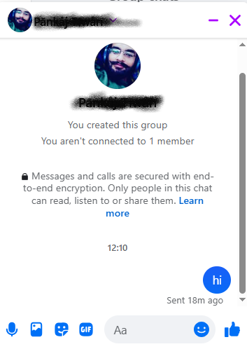 Facebook Messenger chat screen showing a message sent but not delivered to one person with a hollow blue circle checkmark
