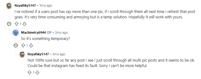 Screenshot of an online discussion where users troubleshoot the Instagram algorithm pushing weeks-old videos