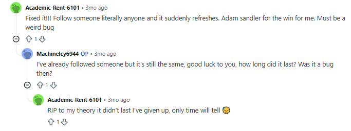 Screenshot of Reddit discussion explaining why the Instagram feed shows 3-week-old videos instead of fresh posts