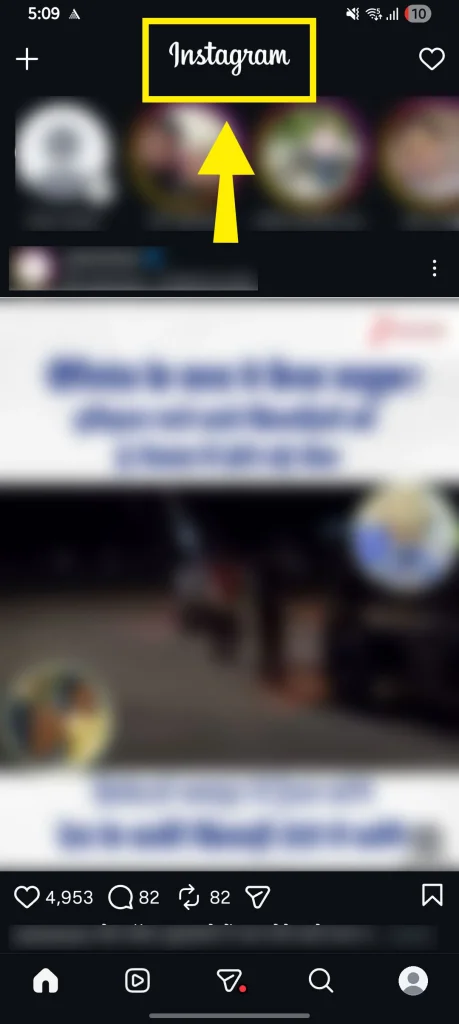 Step 2 to view chronological Instagram posts: Selecting the Following option from the home feed dropdown menu