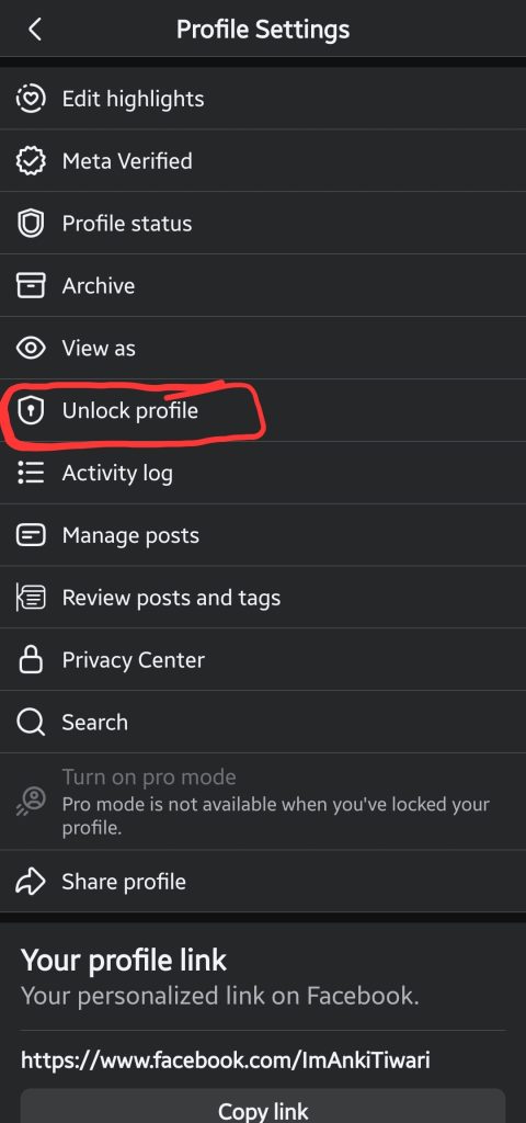Facebook profile settings menu with the Unlock Profile option highlighted to fix the Facebook Professional Mode not available on profile error
