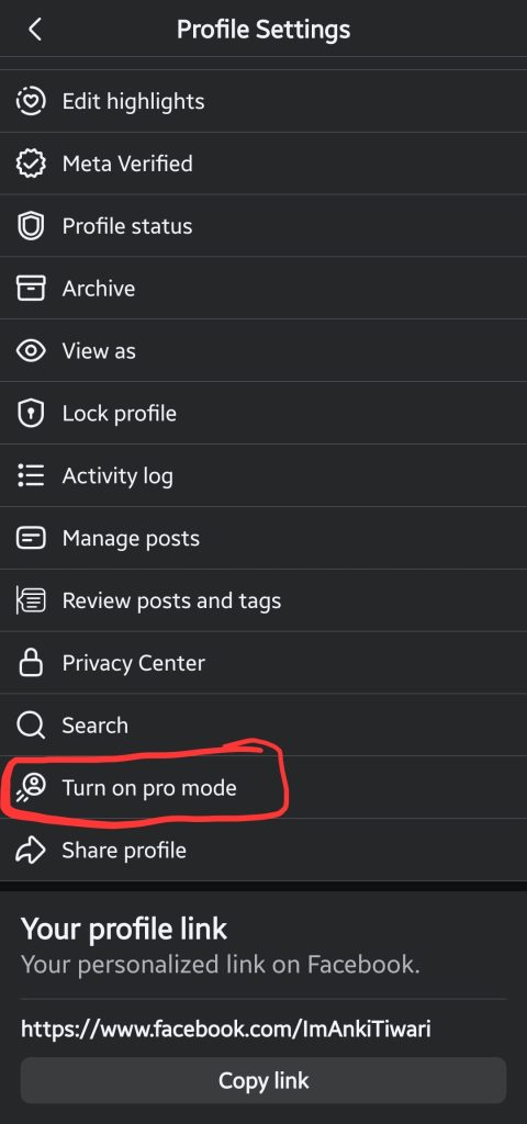 Facebook profile settings menu with the Turn on pro mode option highlighted to fix the Facebook Professional Mode not available on profile issue.