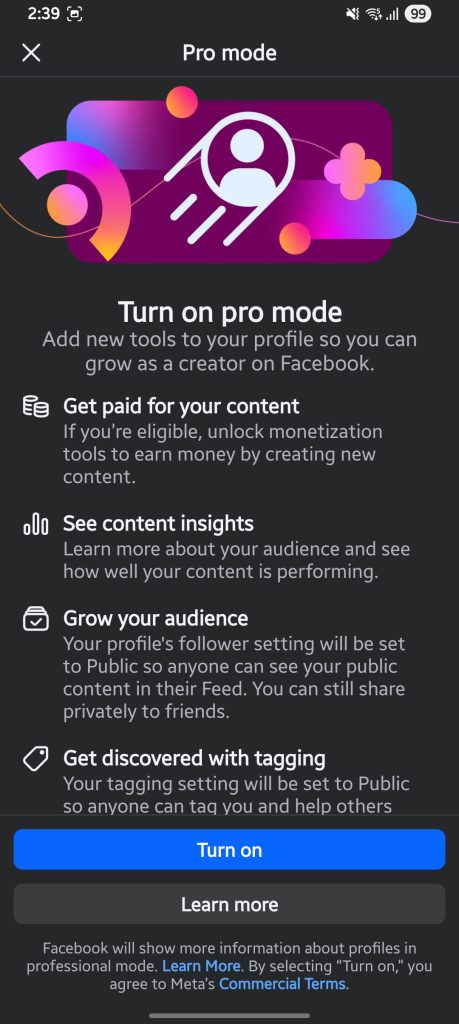 Facebook Professional Mode setup screen showing creator dashboard options to fix the Facebook Professional Mode not available on profile error.