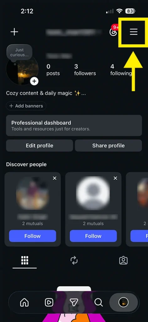 Tap the three-line menu in Instagram profile