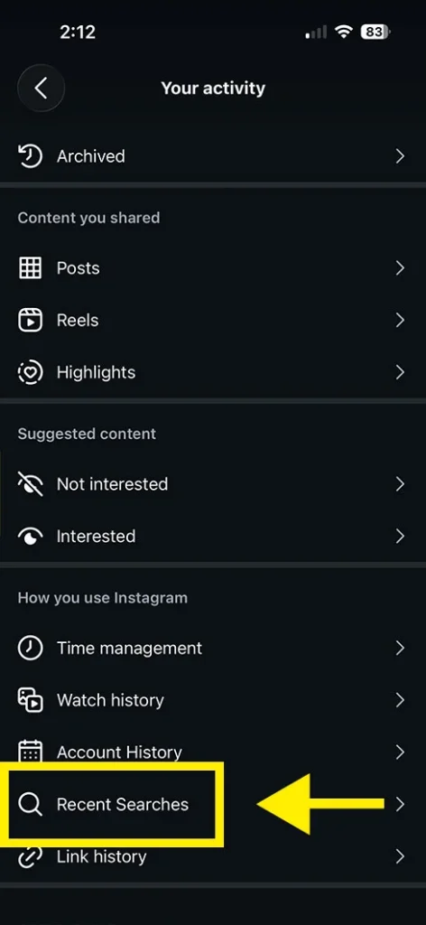 Scroll down and tap Recent searches