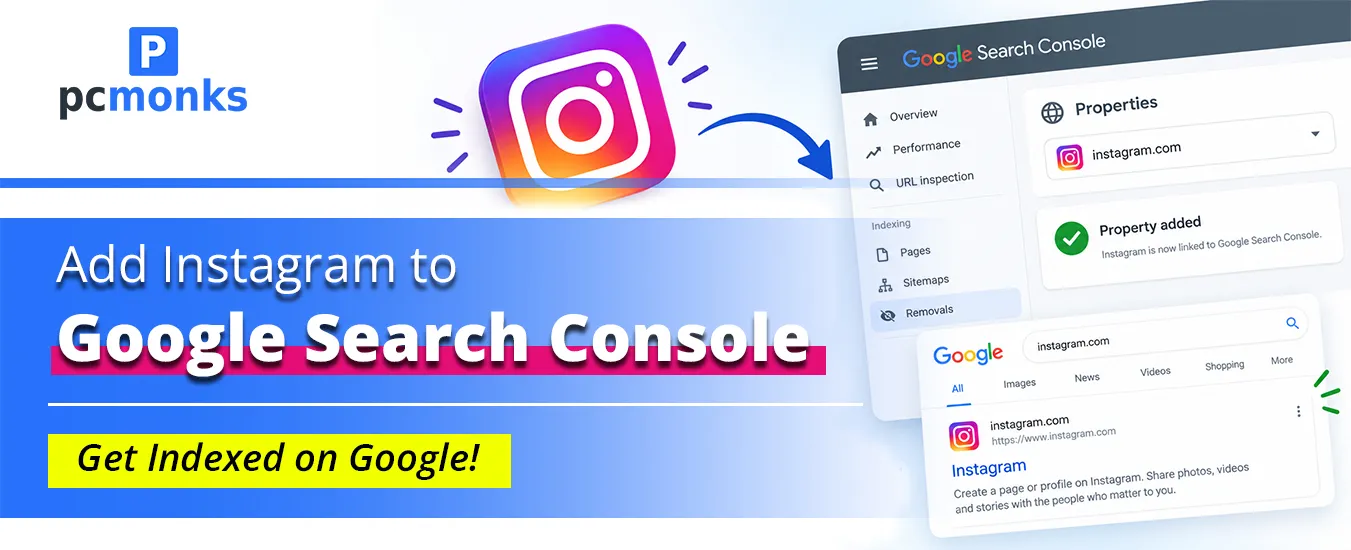 Google Search Console Add property screen showing the Instagram platform property option.