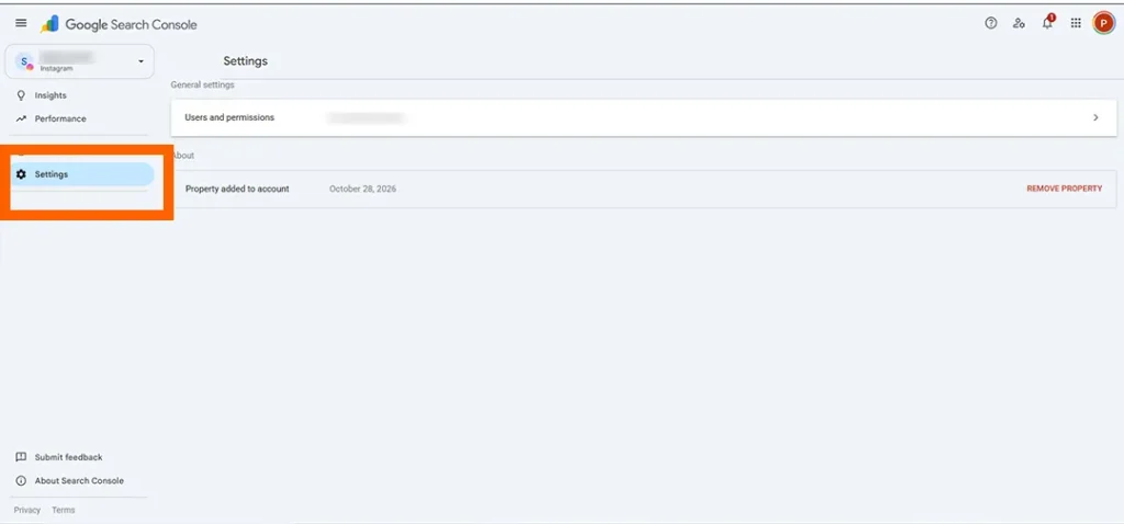 Open your Instagram property in Google Search Console. Go to Settings.