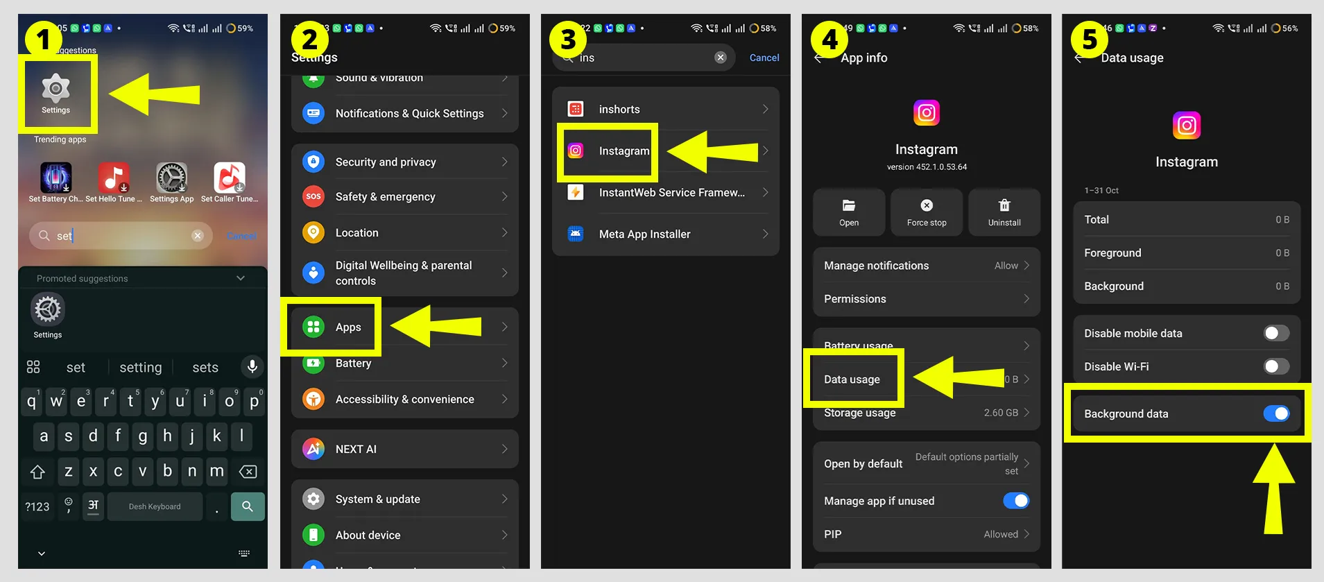 Android app info screen for Instagram displaying storage and notification settings.