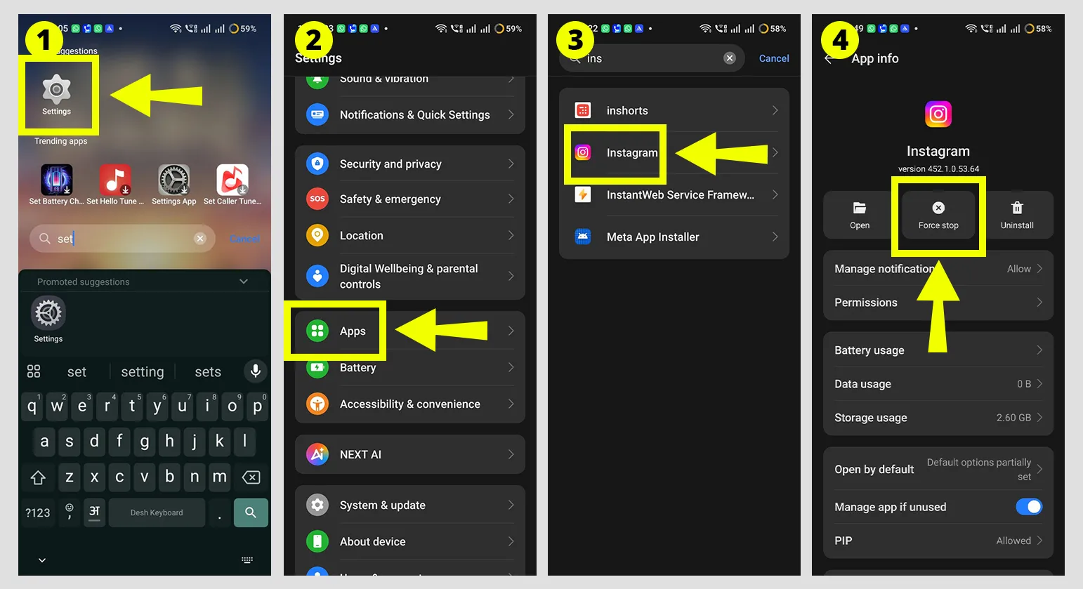 Android storage details screen for Instagram showing total storage used by the app.