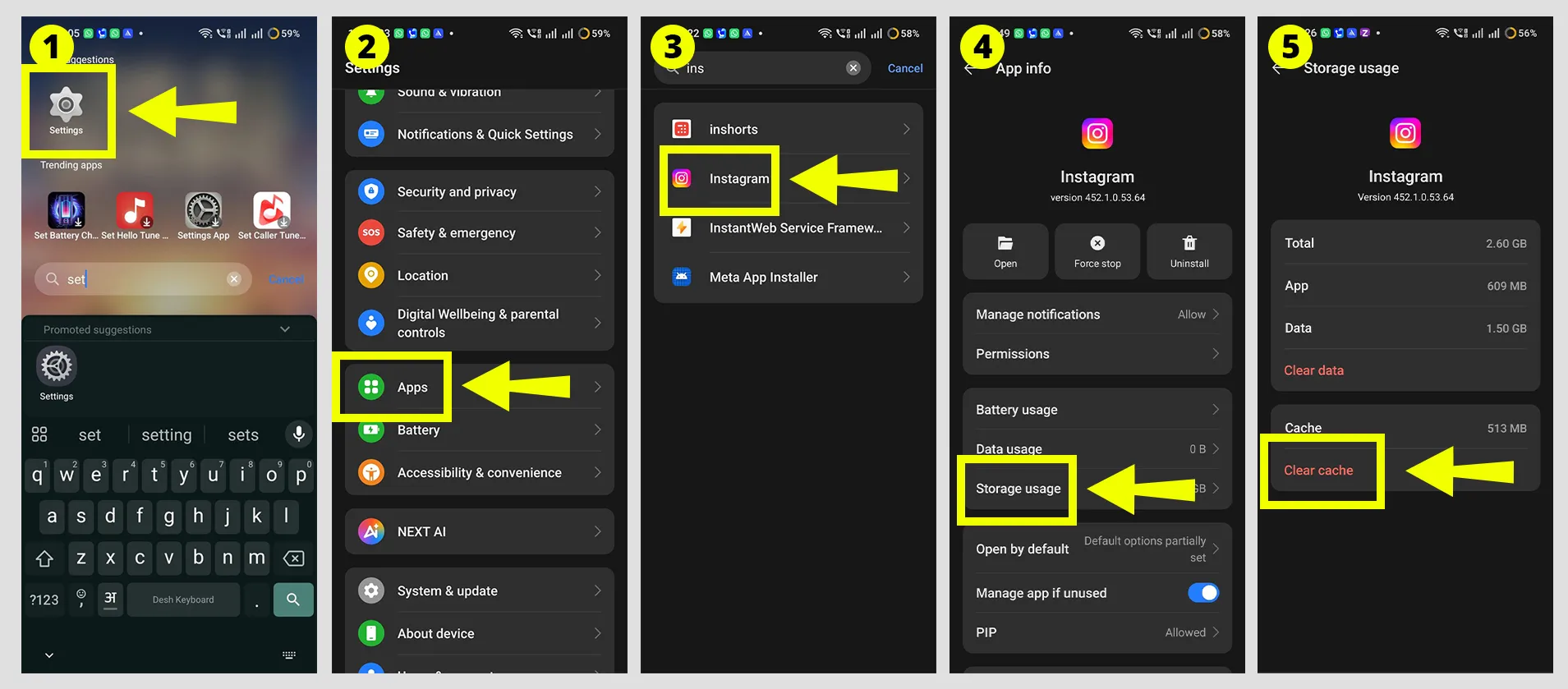 Android storage settings screen highlighting the clear cache button for Instagram.