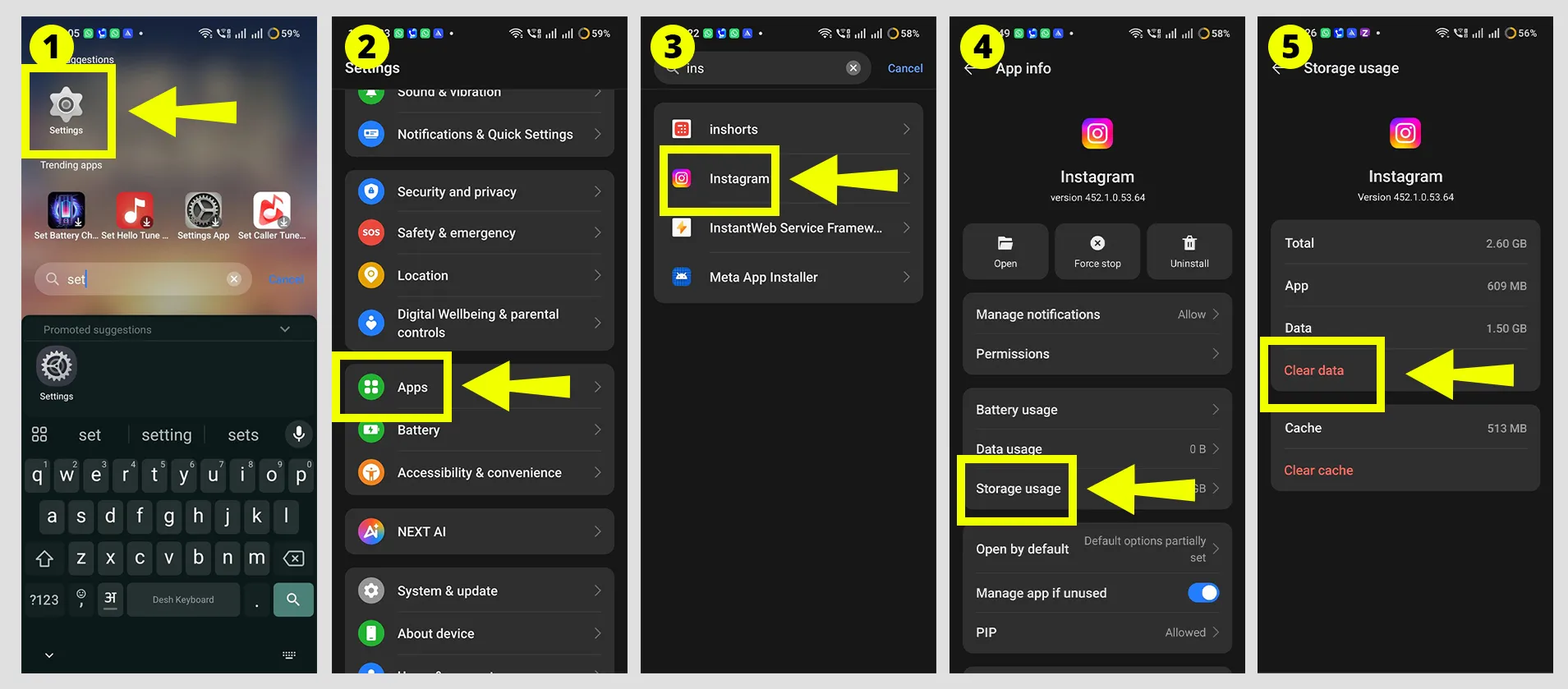 Android storage menu highlighting the clear data option for Instagram with a user confirmation prompt.