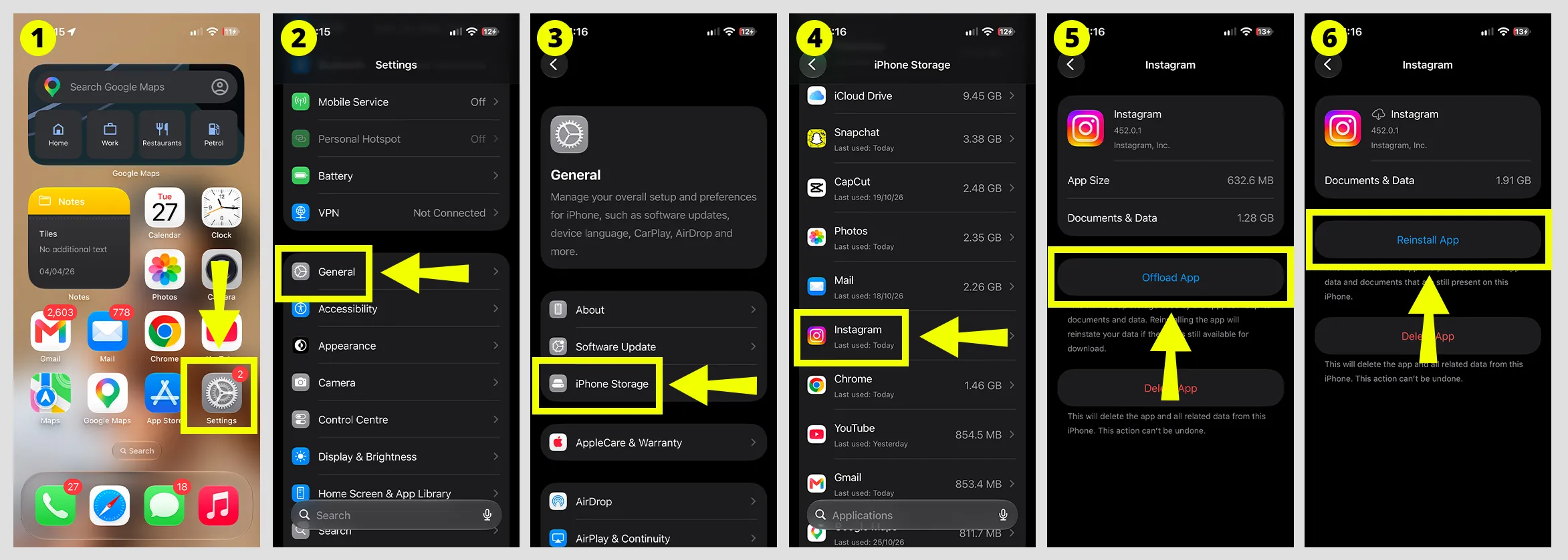 iPhone storage screen highlighting the Offload App option for Instagram.