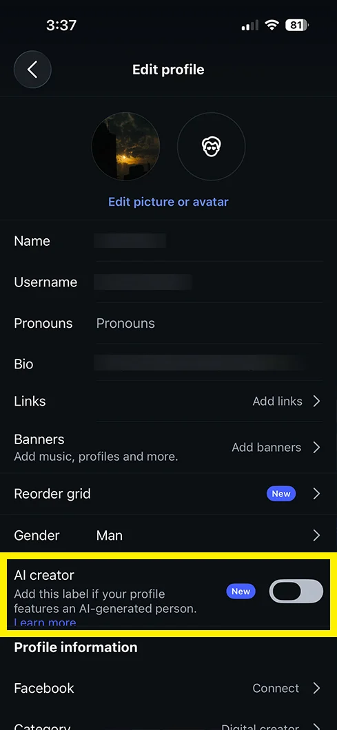 Find the AI-generated profile toggle (older builds: AI creator).