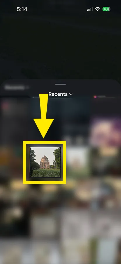 Tap it and pick a picture from your phone. On first use, Instagram may ask for access to your photos. Say yes, or the picker will stay empty.