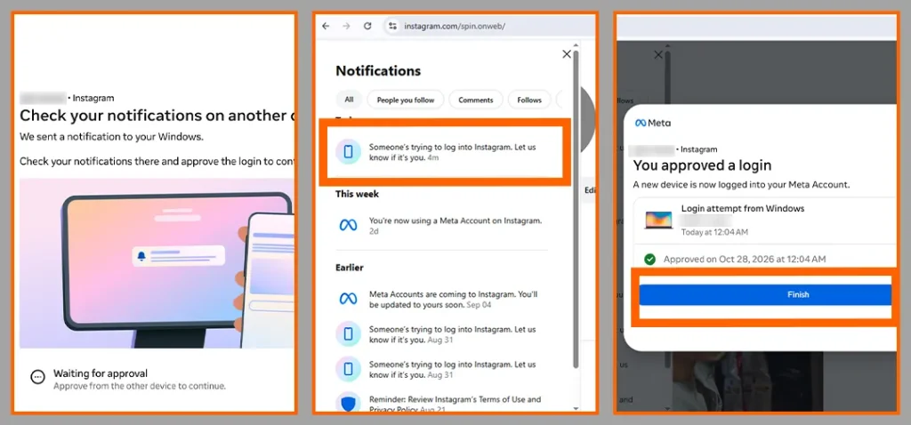 Step 4: Check Your Notification on Another Device
Note: This step may not appear for everyone. It appeared during my setup because I had not previously logged in to Instagram from that browser or device.
If you have not logged in to Instagram from this account before, Instagram may show a message: “Check your notification on another device.”
This means you need to approve the login from your phone’s notification bar. You will see a notification that says “Someone’s trying to log into Instagram.”
Tap the notification and select Approve to confirm the login.