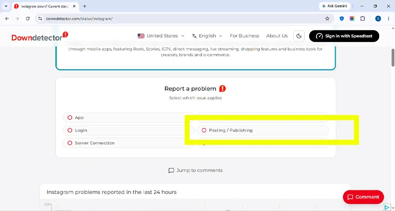 Downdetector popup menu showing the posting and publishing issue selection option