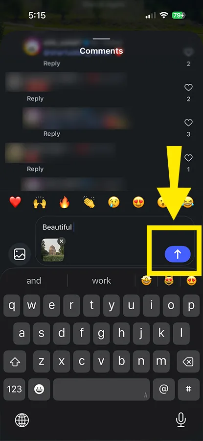 Tap Post icon from the bottom right. The photo appears right inside the comment thread, so people can see it without opening your profile.