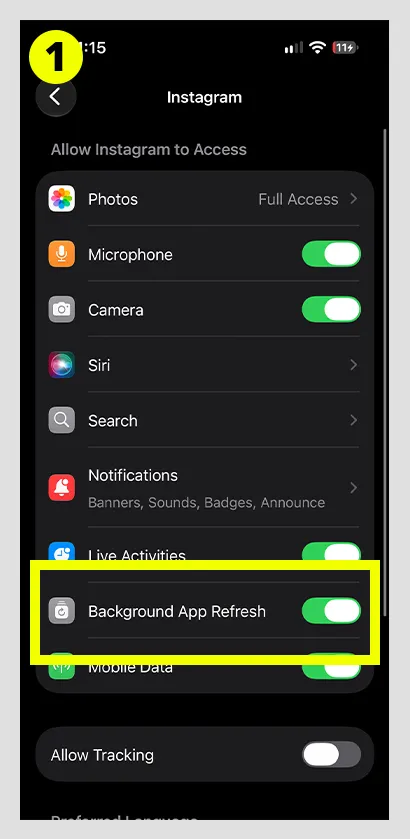 Android settings menu showing background data permissions for Instagram