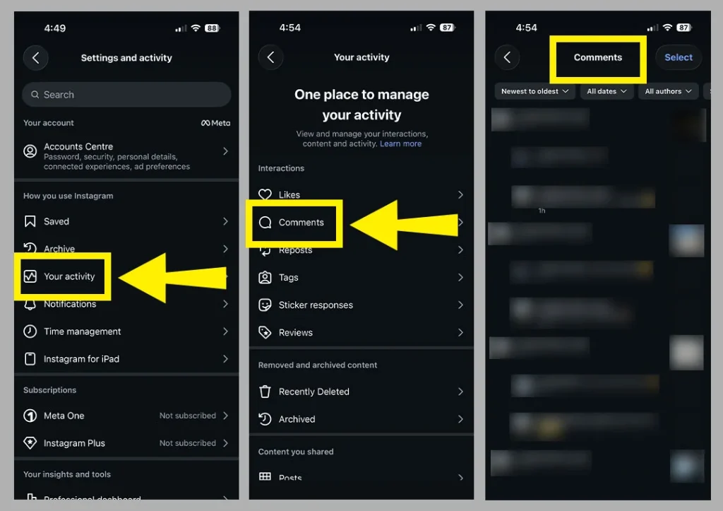 Check your comments and shares to Find an Instagram Reel You Watched but Didn't Save