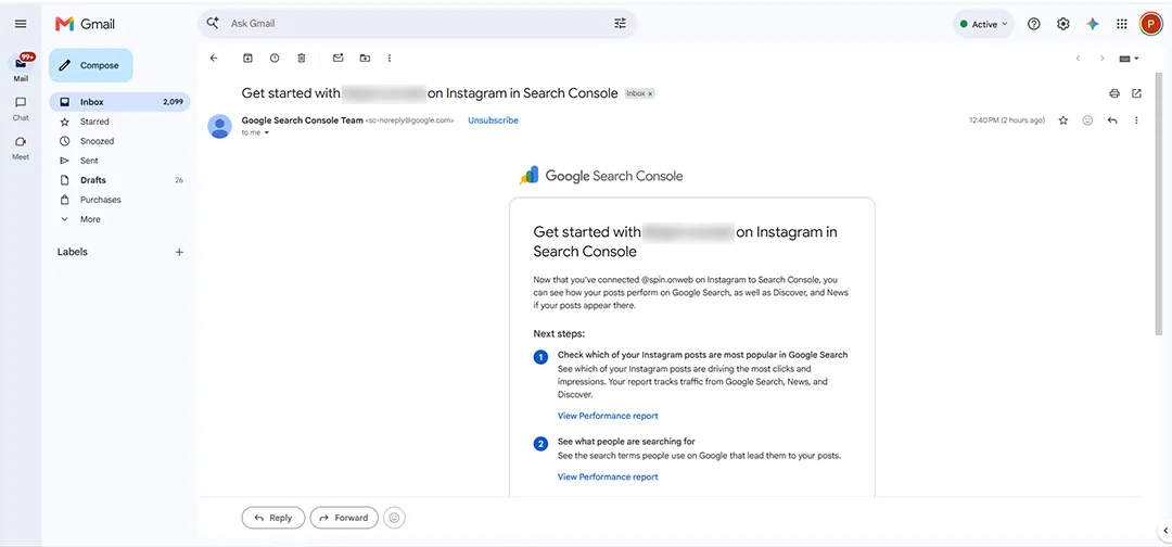 You may also receive an email from Google with the subject line: “Get started with @yourusername on Instagram in Search Console.” This email confirms that your Instagram property has been successfully added to Search Console.